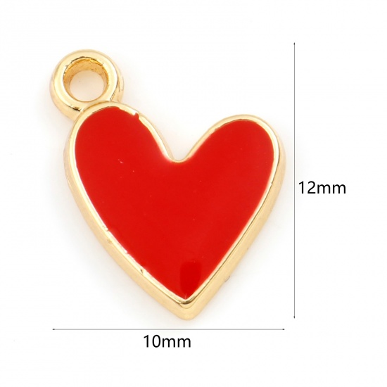 Picture of Brass Valentine's Day Charms Heart Real Gold Plated Red Enamel 12mm x 10mm, 2 PCs