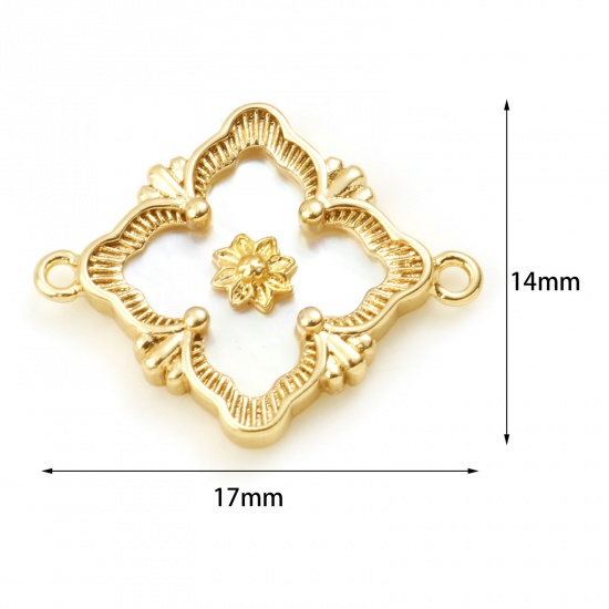 Picture of Shell & Brass Style Of Royal Court Character Connectors Real Gold Plated Rhombus Carved Pattern 17mm x 14mm, 1 Piece