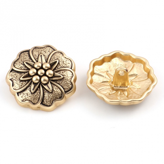 Picture of Zinc Based Alloy Flora Collection Metal Sewing Shank Buttons Buttons Single Hole Gold Tone Antique Gold Flower Carved 18mm Dia., 5 PCs