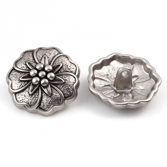 Picture of Zinc Based Alloy Flora Collection Metal Sewing Shank Buttons Buttons Single Hole Antique Silver Color Flower Carved 23mm Dia., 5 PCs