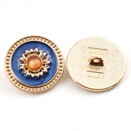 Picture of Zinc Based Alloy Flora Collection Metal Sewing Shank Buttons Buttons Single Hole Round Gold Plated Blue Flower Carved Enamel 20mm Dia., 3 PCs
