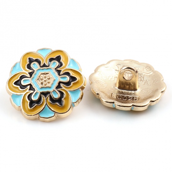Picture of Zinc Based Alloy Flora Collection Metal Sewing Shank Buttons Buttons Single Hole Flower Gold Plated Multicolor Enamel 18mm Dia., 3 PCs