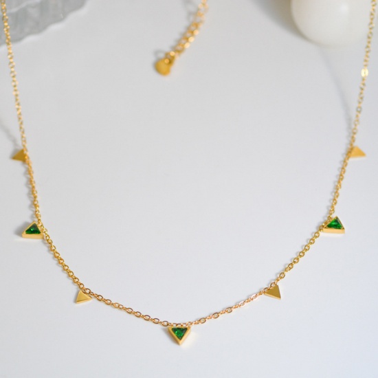 Picture of Stainless Steel Elegant Necklace Gold Plated Triangle Green Cubic Zirconia 39cm(15 3/8") long, 1 Piece