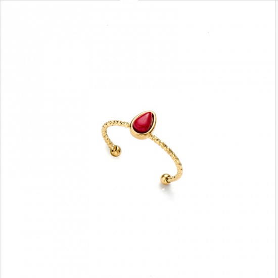 Picture of Stainless Steel & Gemstone Open Rings 14K Real Gold Plated Red Drop 18mm(US Size 7.75), 1 Piece