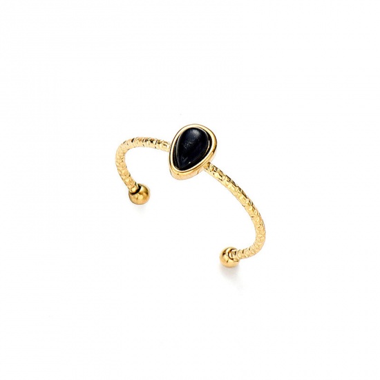Picture of Stainless Steel & Gemstone Open Rings 14K Real Gold Plated Black Drop 18mm(US Size 7.75), 1 Piece
