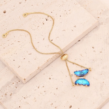 Image de Bracelet Bolo Réglable Nœud Glissé Insecte en Laiton Doré Papillon à Zircone Cubique Bleu Foncé 26cm long, 1 Pièce