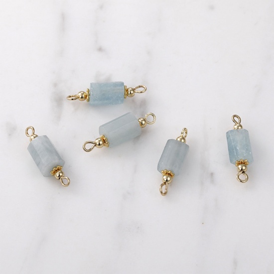 Picture of Aquamarine ( Natural ) Connectors Charms Pendants Cylinder 14K Gold Color Light Blue 23mm x 7mm - 20mm x 5mm, 1 Piece