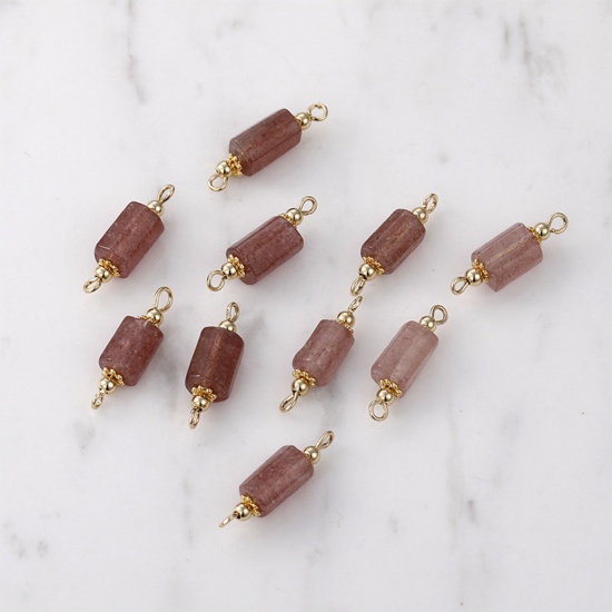 Picture of Strawberry Quartz ( Natural ) Connectors Charms Pendants Cylinder 14K Gold Color Red 23mm x 7mm - 20mm x 5mm, 1 Piece
