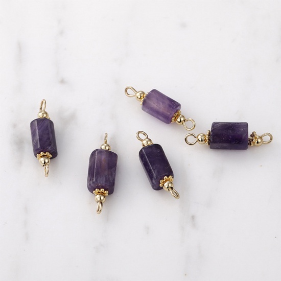 Picture of Amethyst ( Natural ) Connectors Charms Pendants Cylinder 14K Gold Color Purple 23mm x 7mm - 20mm x 5mm, 1 Piece