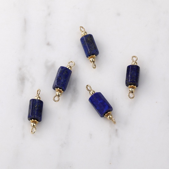 Picture of Lapis Lazuli ( Natural ) Connectors Charms Pendants Cylinder 14K Gold Color Cyan 23mm x 7mm - 20mm x 5mm, 1 Piece