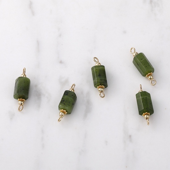 Picture of Jade ( Natural ) Connectors Charms Pendants Cylinder 14K Gold Color Grass Green 23mm x 7mm - 20mm x 5mm, 1 Piece