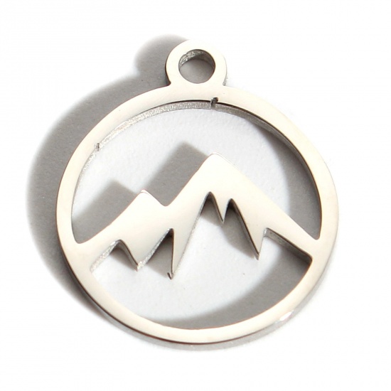 Picture of 201 Stainless Steel Charms Silver Tone Round Mountain Hollow 14mm x 12mm, 2 PCs
