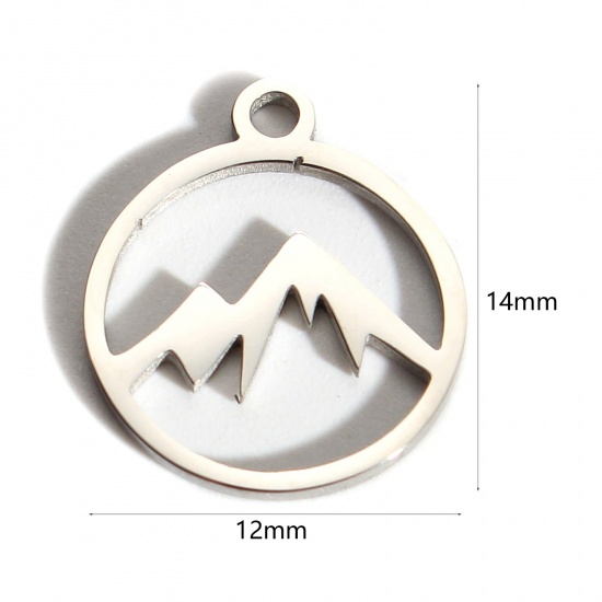Picture of 201 Stainless Steel Charms Silver Tone Round Mountain Hollow 14mm x 12mm, 2 PCs