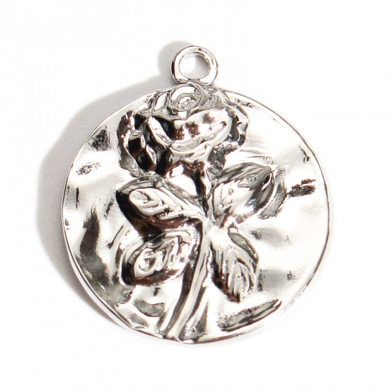 Immagine di 201 Acciaio Inossidabile Martellato Charms Tondo Tono Argento Rosa 21mm x 18mm, 1 Pz