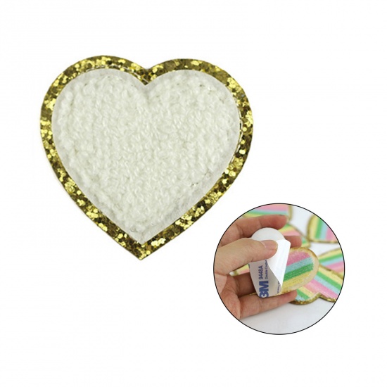 Picture of Fabric Valentine's Day Appliques Patches DIY Scrapbooking Craft White Heart Self Adhesive 5cm x 5cm, 5 PCs