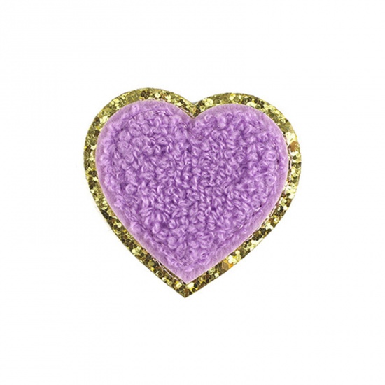 Imagen de Tejido día de San Valentín Apliques De Hierro Sobre Parches (Con Cola De Espalda) DIY Scrapbooking Craft Púrpura Corazón 5cm x 5cm, 5 Unidades