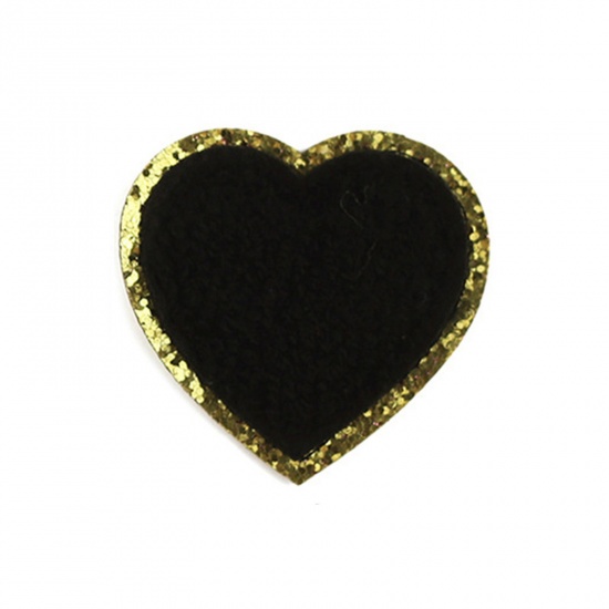 Imagen de Tejido día de San Valentín Apliques De Hierro Sobre Parches (Con Cola De Espalda) DIY Scrapbooking Craft Negro Corazón 5cm x 5cm, 5 Unidades