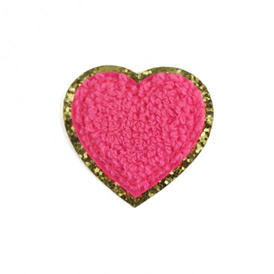 Imagen de Tejido día de San Valentín Apliques De Hierro Sobre Parches (Con Cola De Espalda) DIY Scrapbooking Craft Fucsia Corazón 5cm x 5cm, 5 Unidades