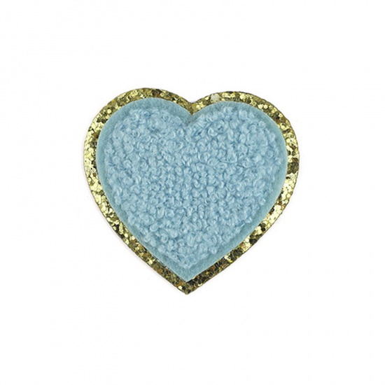 Bild von Stoff Valentinstag Bügelbild (Mit Kleber auf der Rückseite) DIY Scrapbooking Handwerk Hellblau Herz 5cm x 5cm, 5 Stück