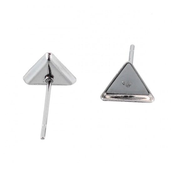 Picture of 304 Stainless Steel Ear Post Stud Earrings Cabochon Settings Triangle Silver Tone (Fits 6mm x 5mm) 7mm( 2/8") x 7mm( 2/8"), Post/ Wire Size: (21 gauge), 10 PCs