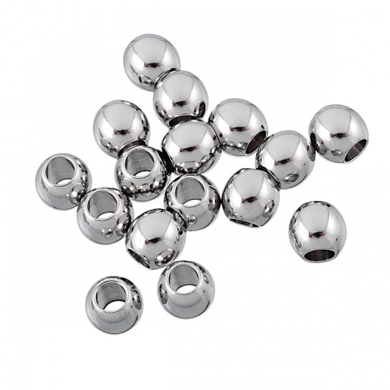 Picture of 304 Stainless Steel Spacer Beads Round Silver Tone About 8mm( 3/8") x 7mm( 2/8"), Hole:Approx 3.8mm, 10 PCs