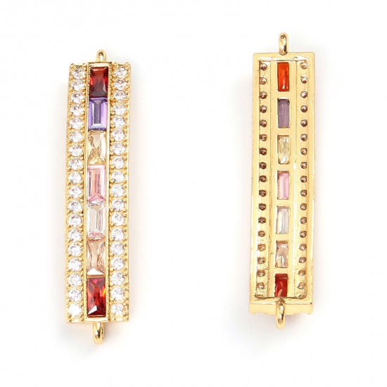 Picture of Brass Micro Pave Connectors Gold Plated Rectangle Multicolour Cubic Zirconia 4.2cm x 0.9cm, 1 Piece                                                                                                                                                           