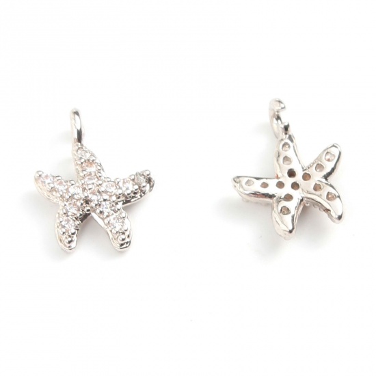 Picture of Copper Ocean Jewelry Charms Platinum Plated Star Fish Micro Pave Clear Cubic Zirconia 10mm x 8mm, 1 Piece
