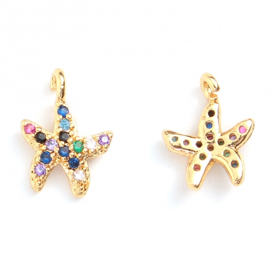 Picture of Copper Ocean Jewelry Charms Gold Plated Star Fish Micro Pave Multicolour Cubic Zirconia 10mm x 8mm, 1 Piece