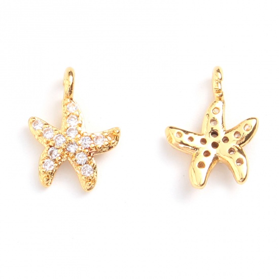 Picture of Copper Ocean Jewelry Charms Gold Plated Star Fish Micro Pave Clear Cubic Zirconia 10mm x 8mm, 1 Piece