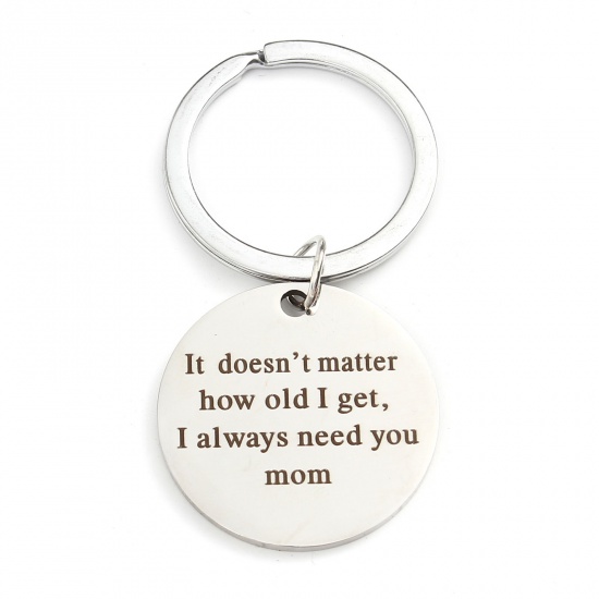 Picture of Stainless Steel Mother's Day Family Jewelry Keychain & Keyring Silver Tone Round Word Message 6.2cm x 3cm, 1 Piece