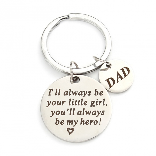 Picture of Stainless Steel Family Jewelry Keychain & Keyring Silver Tone Round Word Message 6.2cm x 3cm, 1 Piece