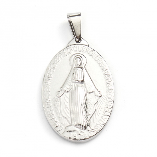 Immagine di Acciaio Inossidabile Religione Ciondoli Ovale Tono Argento Vergine Maria 3.7cm x 2cm, 1 Pz