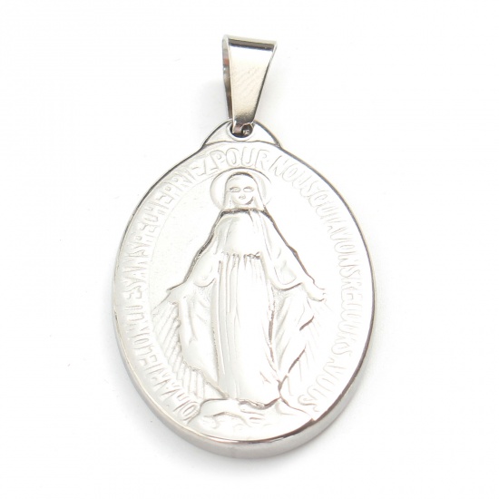 Immagine di Acciaio Inossidabile Religione Ciondoli Ovale Tono Argento Vergine Maria 4.3cm x 2.3cm, 1 Pz