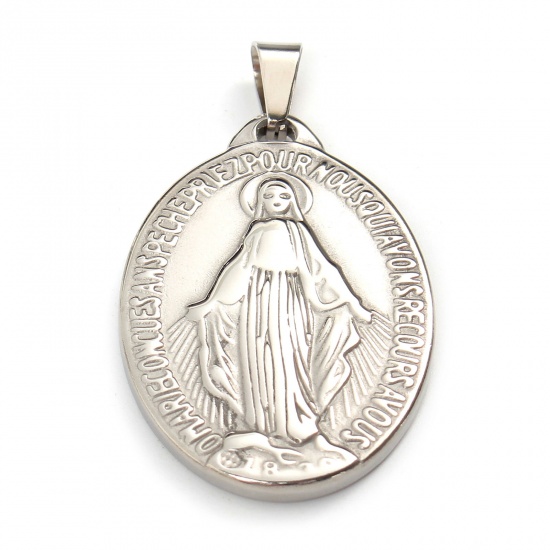 Immagine di Acciaio Inossidabile Religione Ciondoli Ovale Tono Argento Vergine Maria 5.3cm x 2.9cm, 1 Pz