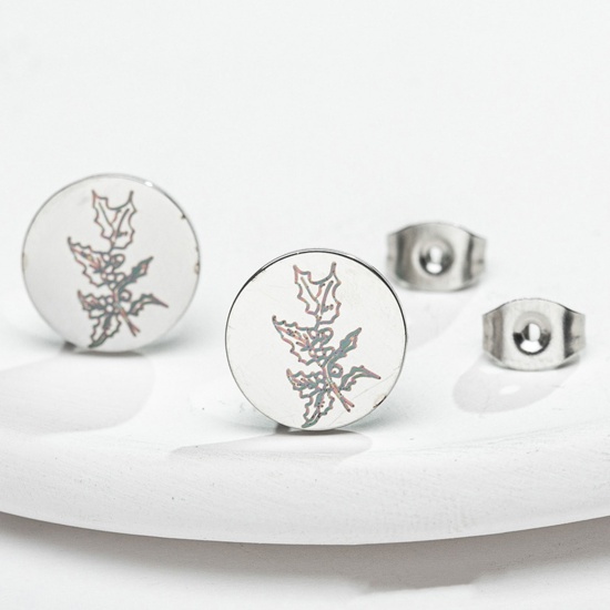 Picture of 304 Stainless Steel Birth Month Flower Ear Post Stud Earrings Silver Tone Round December 11mm Dia., 1 Pair