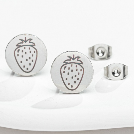 Picture of 304 Stainless Steel Ear Post Stud Earrings Silver Tone Round Strawberry Fruit 11mm Dia., 1 Pair
