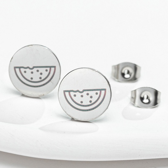 Picture of 304 Stainless Steel Ear Post Stud Earrings Silver Tone Round Watermelon Fruit 11mm Dia., 1 Pair