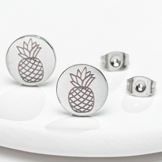 Picture of 304 Stainless Steel Ear Post Stud Earrings Silver Tone Round Pineapple 11mm Dia., 1 Pair