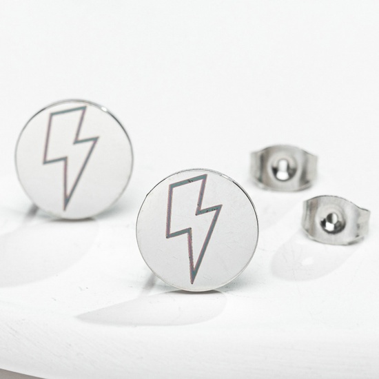 Picture of 304 Stainless Steel Weather Collection Ear Post Stud Earrings Silver Tone Round Lightning 11mm Dia., 1 Pair