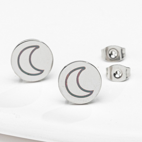 Picture of 304 Stainless Steel Weather Collection Ear Post Stud Earrings Silver Tone Round Moon 11mm Dia., 1 Pair