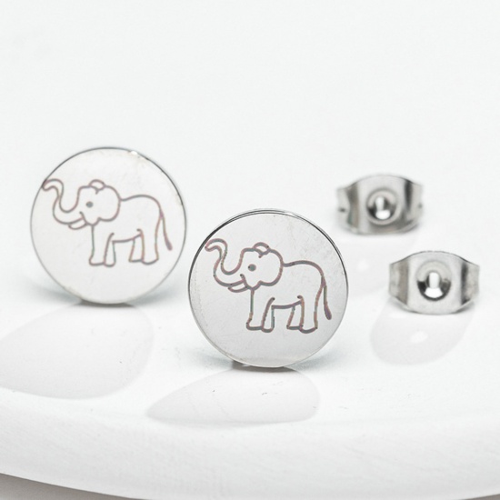 Picture of 304 Stainless Steel Pet Silhouette Ear Post Stud Earrings Silver Tone Round Elephant 11mm Dia., 1 Pair