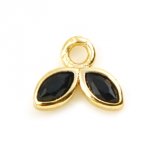 Imagen de Latón Colgantes Charms Hoja Oro Real Chapado Negro Circón Artificial 6mm x 5mm, 2 Unidades