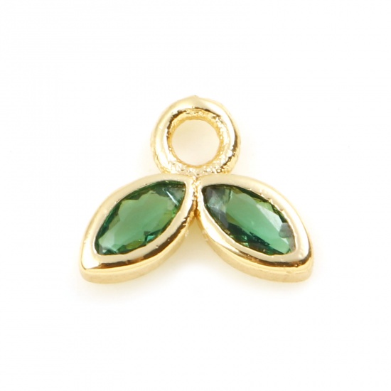 Imagen de Latón Colgantes Charms Hoja Oro Real Chapado Verde Circón Artificial 6mm x 5mm, 2 Unidades