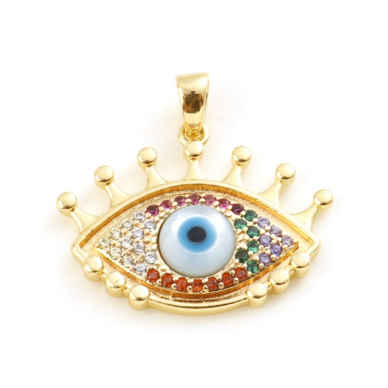 Picture of Brass Religious Charms Real Gold Plated Evil Eye Multicolour Cubic Zirconia 22mm x 21mm, 1 Piece                                                                                                                                                              