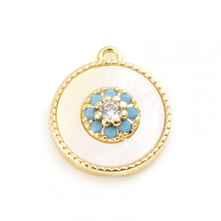 Shell & Brass Charms Round Real Gold Plated White Flower Clear Cubic Zirconia Green Rhinestone 13mm x 11mm, 1 Piece