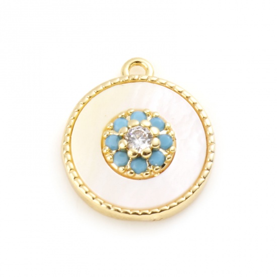 Imagen de Concha + Latón Colgantes Charms Ronda Oro Real Chapado Blanco Flor Claro Circón Artificial Verde Rhinestone 13mm x 11mm, 1 Unidad