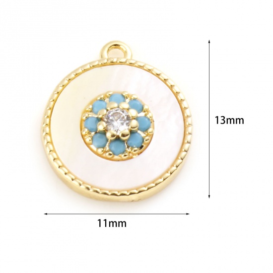 Imagen de Concha + Latón Colgantes Charms Ronda Oro Real Chapado Blanco Flor Claro Circón Artificial Verde Rhinestone 13mm x 11mm, 1 Unidad