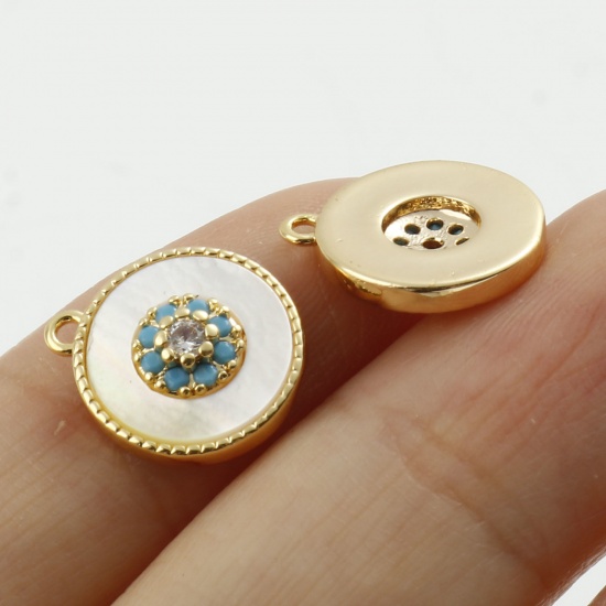 Imagen de Concha + Latón Colgantes Charms Ronda Oro Real Chapado Blanco Flor Claro Circón Artificial Verde Rhinestone 13mm x 11mm, 1 Unidad