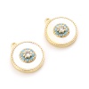 Picture of Shell & Brass Charms Round Real Gold Plated White Flower Clear Cubic Zirconia Green Rhinestone 13mm x 11mm, 1 Piece