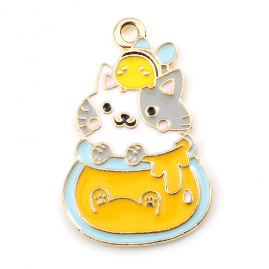 Picture of Zinc Based Alloy Cute Charms Pot Gold Plated Multicolor Cat Enamel 3cm x 1.9cm, 5 PCs